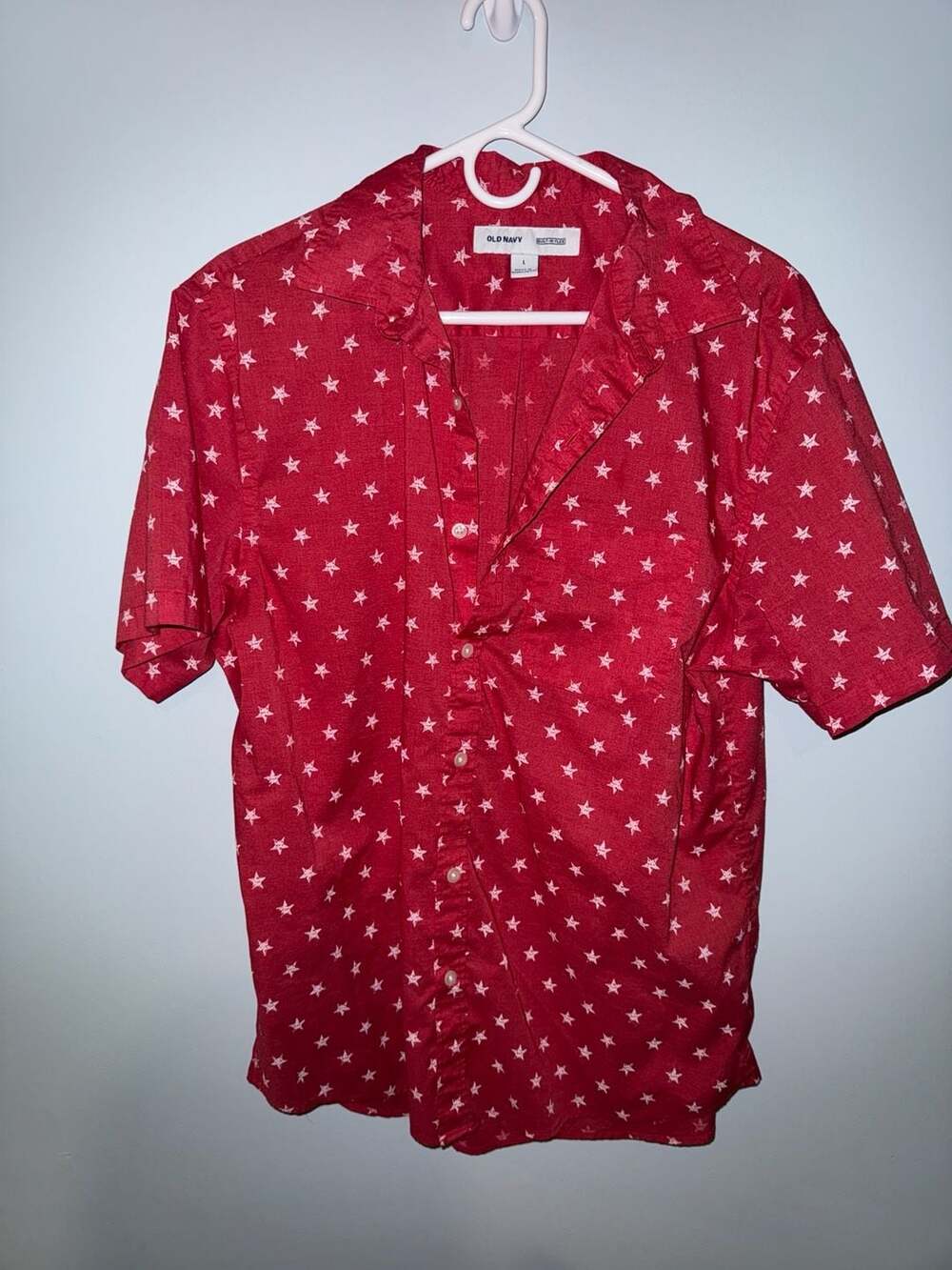 Old Navy Built-In Flex Star Print Short Sleeve Button Down Shirt Size L